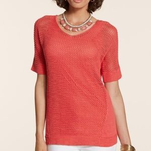 Chico's Short Sleeve Textured Open Weave Pullover Sweater Size 1/M Classic Chic